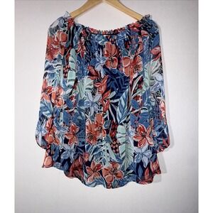 Jones New York Women's Top Petite PL Smocked-Neck‎ Floral-Print Multicolor